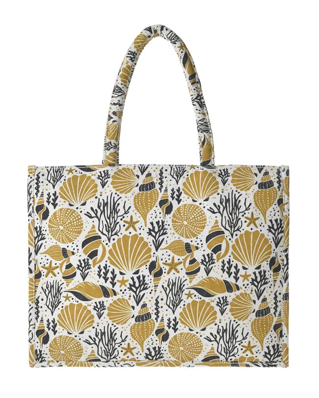 ΤΣΑΝΤΑ ΥΦΑΣΜΑΤΙΝΗ ΕΚΡΟΥ/ΜΟΥΣΤΑΡΔΙ/ΜΑΥΡΟ ΜΕ ΚΟΧΥΛΙΑ ΚΑΙ ΚΟΡΑΛΙΑ 40X32X14 (100% COTTON CANVAS)