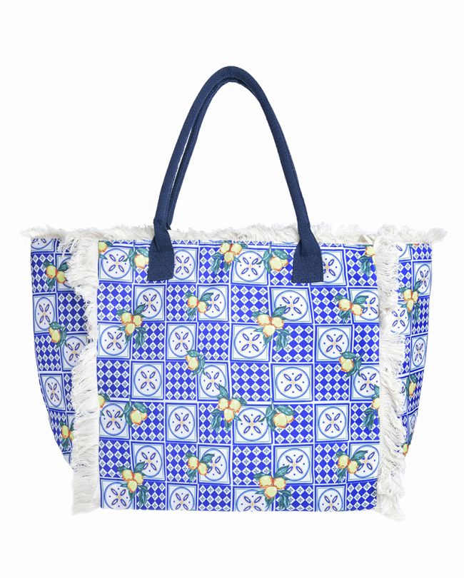 FABRIC BEACH BAG IN WHITE/BLUE COLOR WITH LEMONS 50X33X20 (100% POLYESTER)