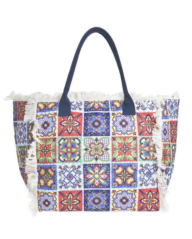 FABRIC BEACH BAG IN LIGHT BLUE COLOR WITH MULTICOLOR FISH 50X33X20 (100% POLYESTER)