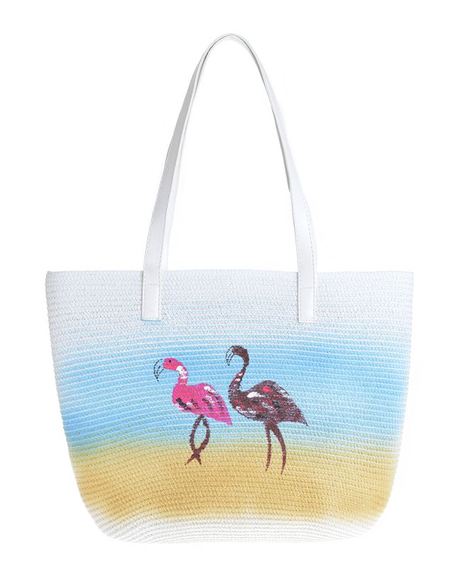 FABRIC BEACH BAG IN ECRU/WHITE/LIGHT BLUE COLOR WITH FLAMINGO 43Χ30 (100% PAPER)