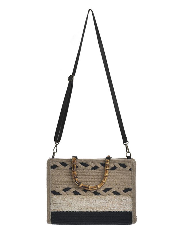 STRAW BAG IN BLACK/ECRU COLOR WITH BONE HANDLE 31Χ8Χ23