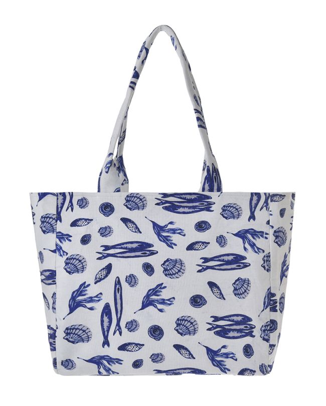 ΤΣΑΝΤΑ ΥΦΑΣΜΑΤΙΝΗ ΛΕΥΚΗ ΜΕ ΜΠΛΕ ΨΑΡΙΑ ΚΑΙ ΚΟΧΥΛΙΑ 42X35X20 (100% COTTON)