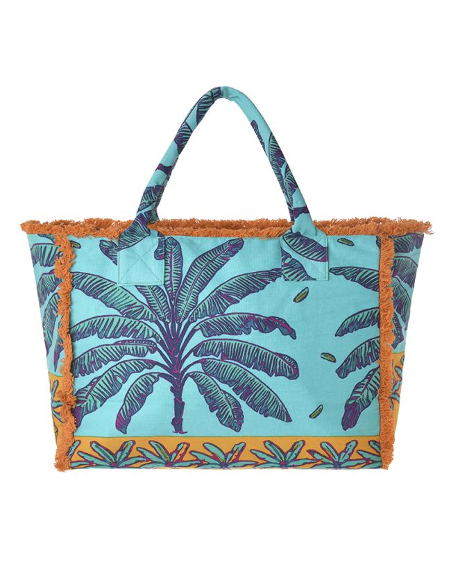 FABRIC BAG IN ORANGE/TURQUOISE COLOR WITH PALM TREES 42X30X20 (50% COTTON 50% POLYESTER)