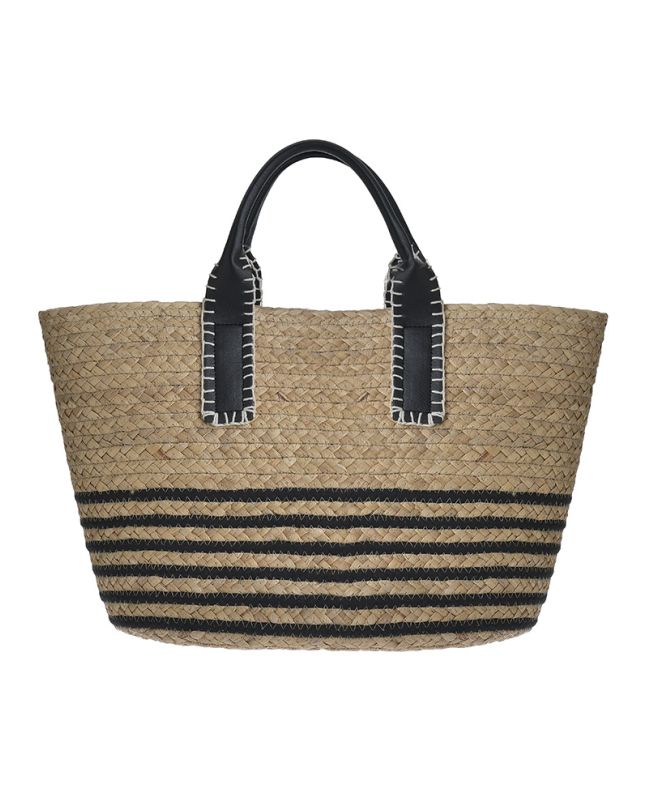 STRAW BAG IN BEIGΕ COLOR WITH BLACK DETAILS (STRAW/COTTON)