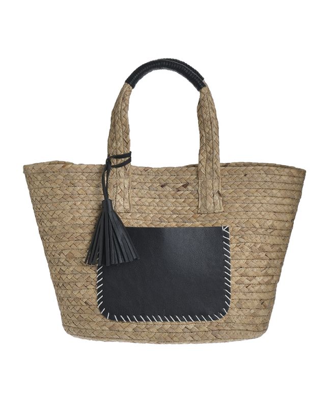 STRAW BAG IN BEIGE COLOR WITH TASSEL AND BLACK DETAILS (STRAW)