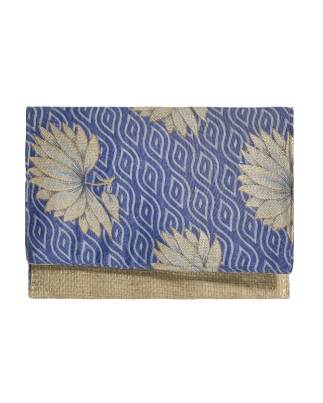 STRAW BAG/CLUTCH IN BLUE COLOR WITH GOLD FLOWERS 24Χ1Χ17