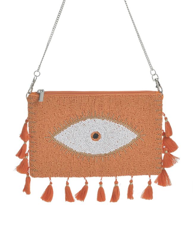 MINI BAG IN ORANGE COLOR ''EYE'' WITH BEADS AND TASSELS 26X1X20/50
