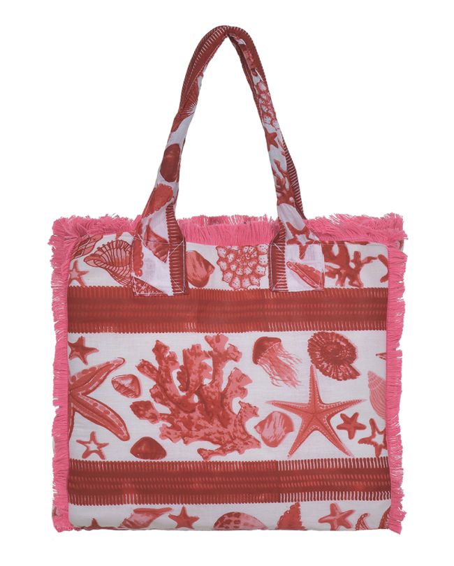 FABRIC BAG IN WHITE/RED COLOR WITH SHELLS AND STARFISH
