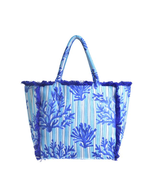 FABRIC BAG WHITE/TURQUOISE  WITH BLUE DETAILS