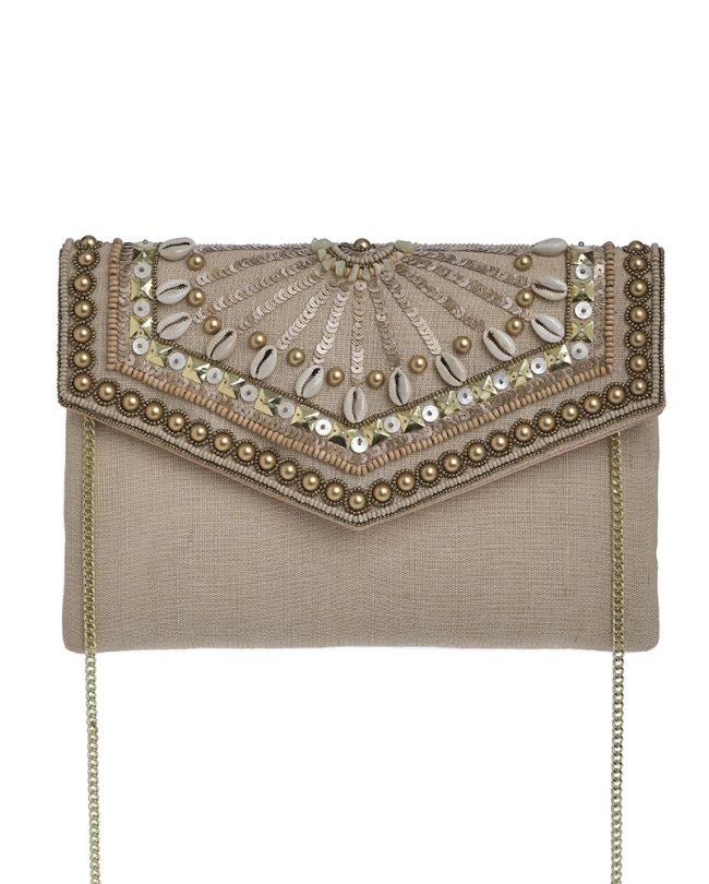 FABRIC ΜΙΝΙ BAG IN GOLD/BEIGE COLOR WΙTH SEASHELSS AND BEADS