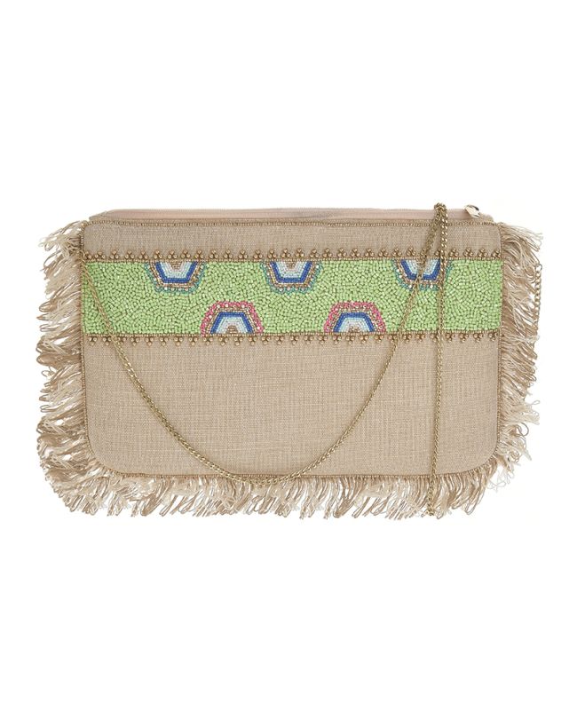 STRAW MIΝΙ BAG IN BEIGE COLOR WΙTH LIGHT GREEN BEADS