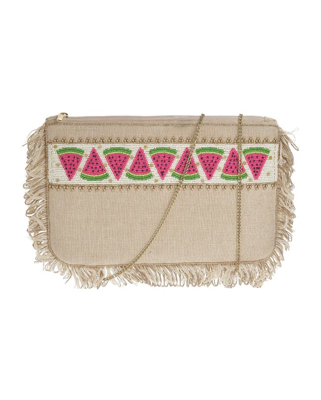 STRAW MIΝΙ BAG IN BEIGE COLOR WΙTH BEADS ''WATERMELONS''