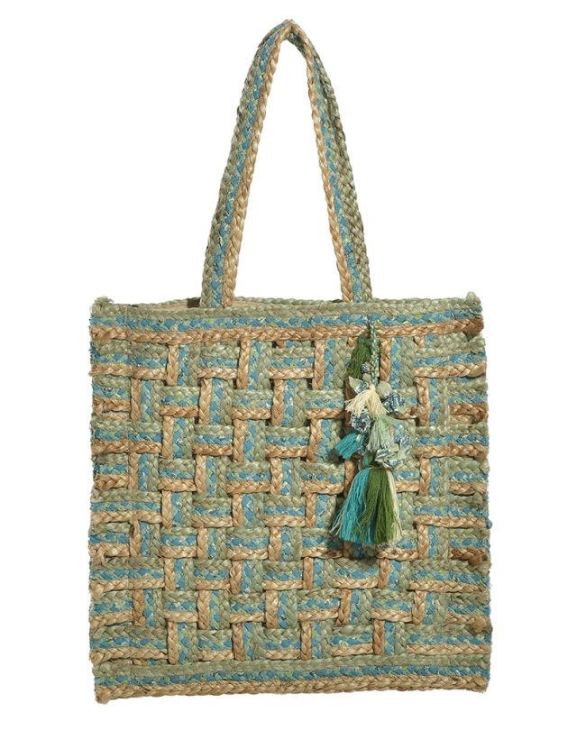 JUTE BAG IN BEIGE/TURQUOISE COLOR (50% JUTE/ 50% COTTON)