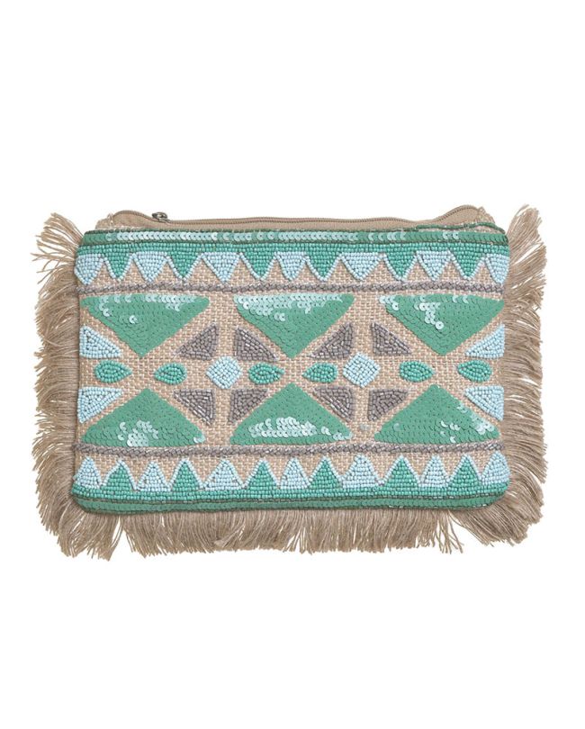 MINI BAG/CLUTCH WITH GREEN BEADS AND TASSELS 32X2X21