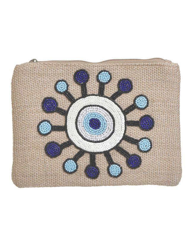 MINI BAG/CLUTCH ''EYE'' IN BEIGE COLOR WITH BLUE BEADS 25X2X19