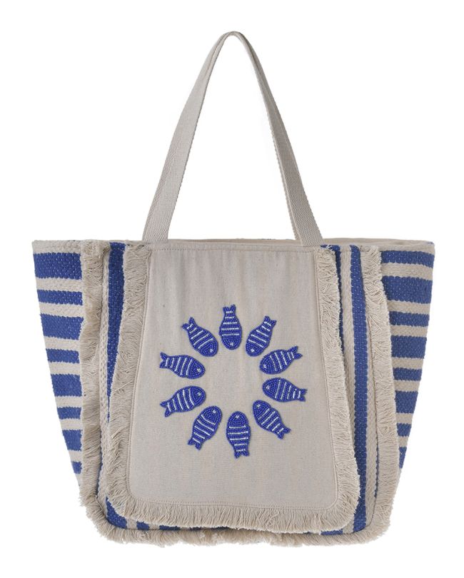 FABRIC BAG ''FISH'' IN ECRU COLOR WITH BLUE BEADS (32X29X15)