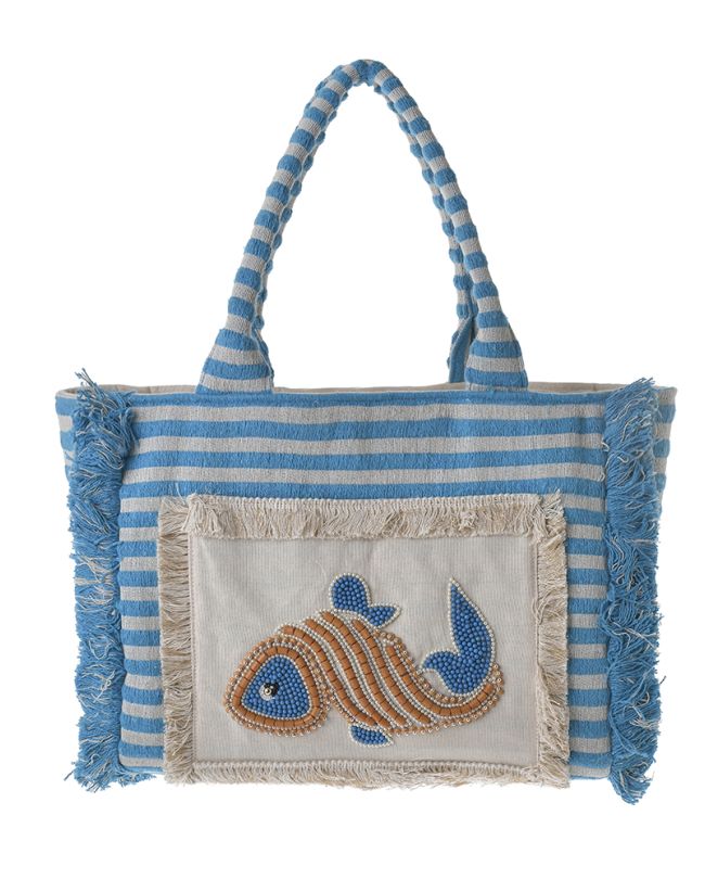 ΤΣΑΝΤA ΥΦΑΣΜΑΤΙΝΗ ''ΨΑΡΙ'' ΕΚΡΟΥ ΜΕ ΜΠΛΕ/ΚΙΤΡΙΝΕΣ ΧΑΝΤΡΕΣ (40X28X15)