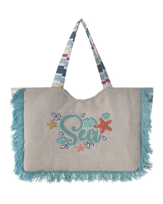 FABRIC BAG ''SEA'' IN ECRU COLOR WITH TURQUOISE BEADS (47X33X17)