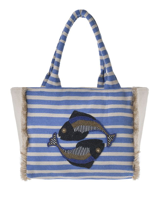 FABRIC BAG ''FISH'' IN BLUE/WHITE COLOR WITH BEADS (40X38X15)