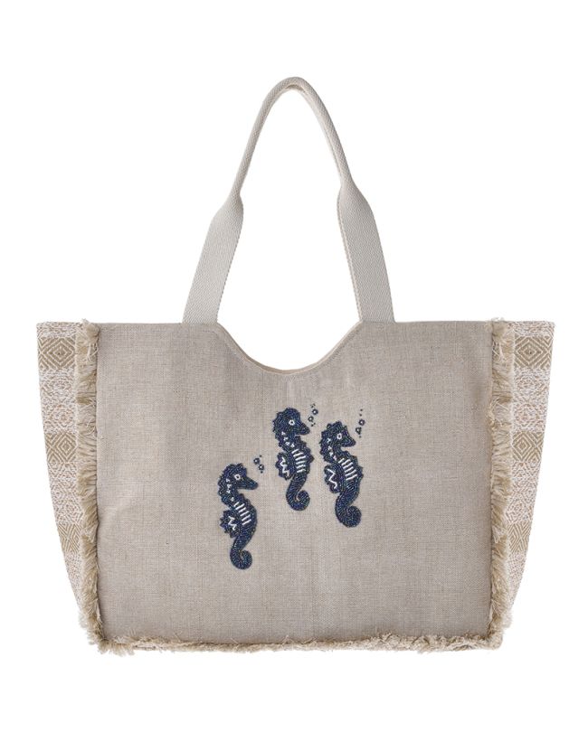 ΤΣΑΝΤA ΥΦΑΣΜΑΤΙΝΗ ''ΙΠΠΟΚΑΜΠΟΙ'' ΕΚΡΟΥ ΜΕ ΜΠΛΕ ΧΑΝΤΡΕΣ (45X35X17)