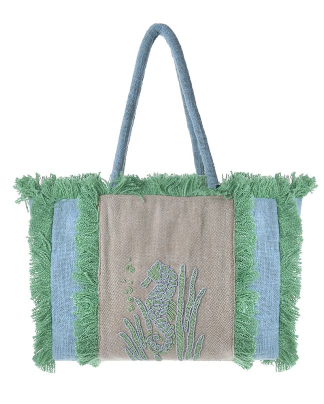 ΤΣΑΝΤA ΥΦΑΣΜΑΤΙΝΗ ''ΙΠΠΟΚΑΜΠΟΙ'' ΜΠΕΖ/ΤΙΡΚΟΥΑΖ ΜΕ ΧΑΝΤΡΕΣ (40X28X15)