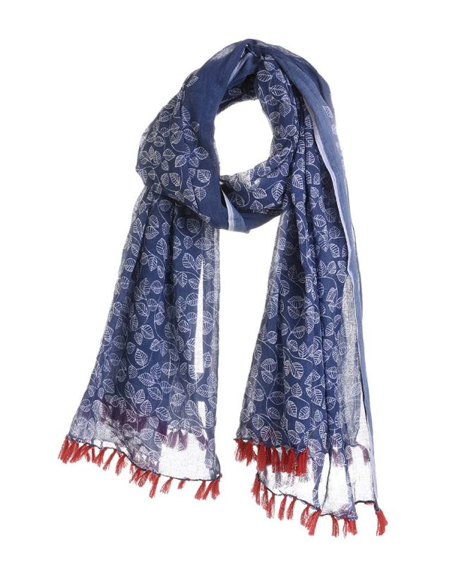 SCARF/PAREO IN BLUE COLOR WITH PRINTS AND RED FRINGES 100Χ180 (100% COTTON)