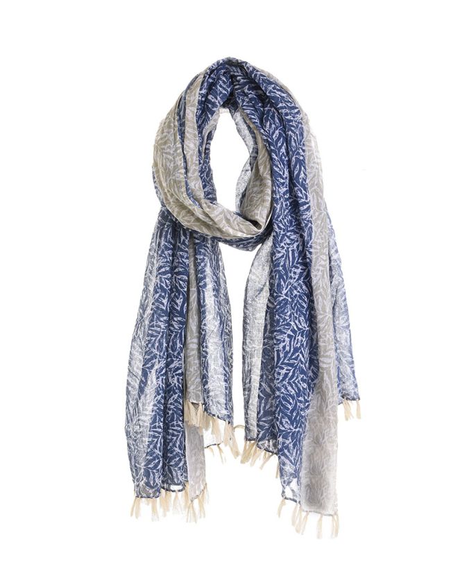 SCARF/PAREO IN BLUE COLOR WITH BEIGE PRINTS AND FRINGES 100Χ180 (100% COTTON)