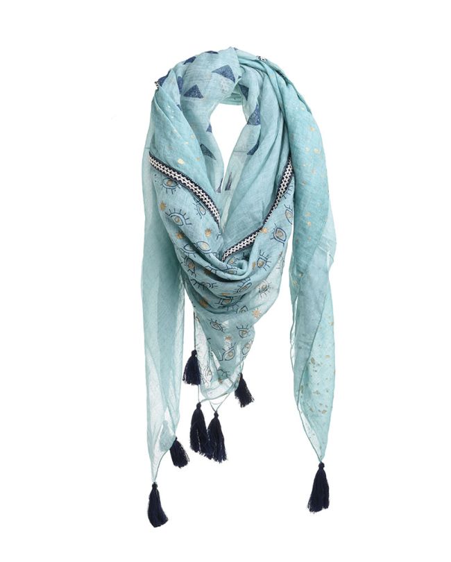 ΦΟΥΛΑΡΙ ΜΠΛΕ ΤΥΡΚΟΥΑΖ ME ΧΡΥΣΑ ΣΧΕΔΙΑ 90Χ90 (100% COTTON)