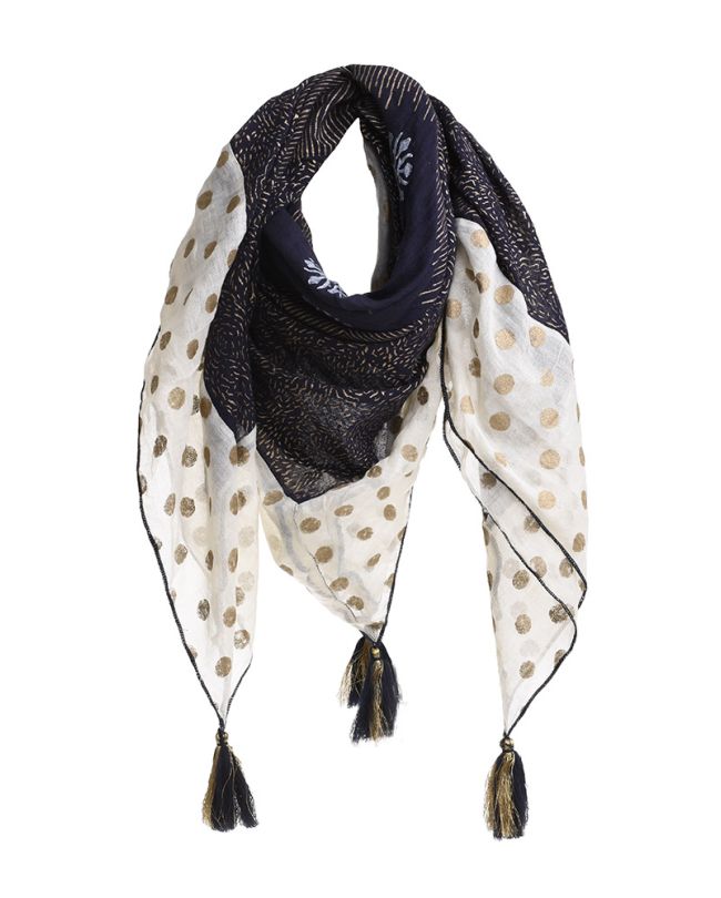 SCARF IN BLUE BEIGE COLOR WITH GOLD PRINTS AN DOTS 100X100 (100% COTTON)