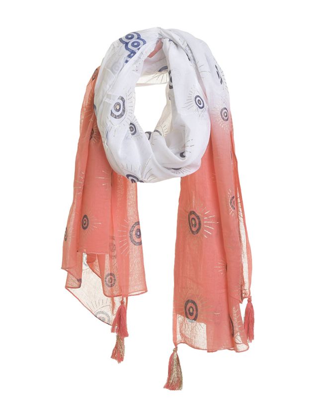 SCARF/PAREO WHITE/CORAL WITH EYES 100X185 (100% COTTON)