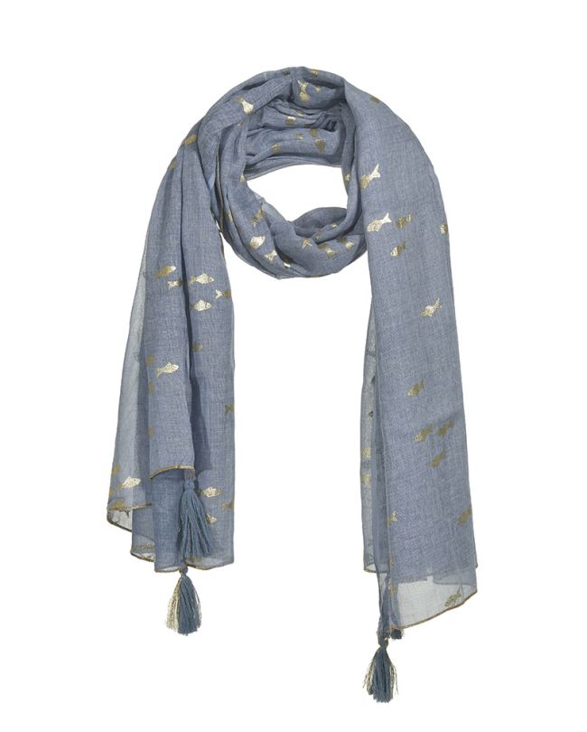 SCARF/PAREO IN BLUE COLOR WITH GOLD FISHES 100Χ180 (100% COTTON)