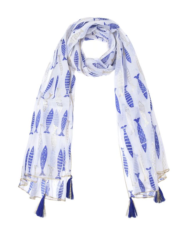 ΦΟΥΛΑΡΙ/ΠΑΡΕΟ ΣΕ ΛΕΥΚΟ ΧΡΩΜΑ ΜΕ ΜΠΛΕ/ΧΡΥΣΑ ΨΑΡΙΑ 100Χ180 (100% COTTON)