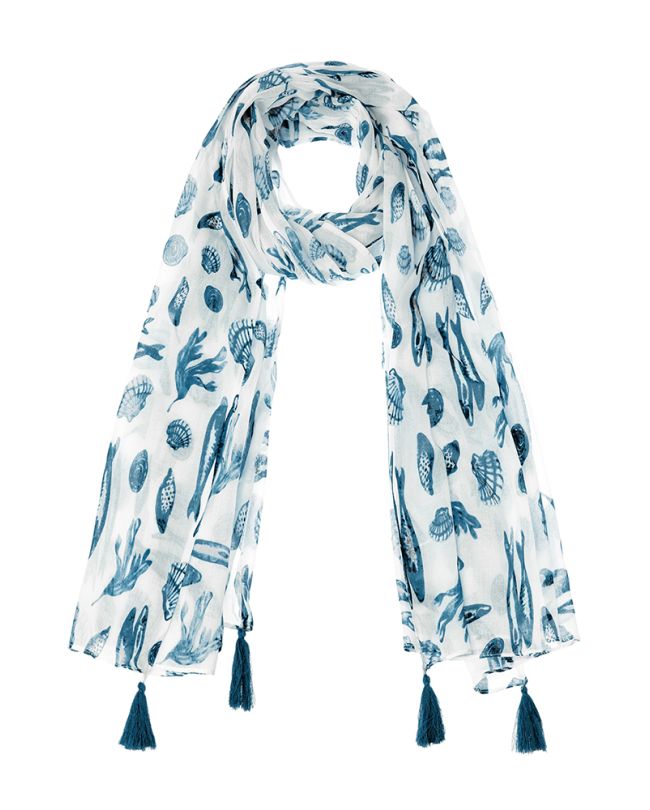 SCARF/PAREO IN WHITE WITH BLUE/BEIGE DESIGNS 100X180 (100% COTTON)