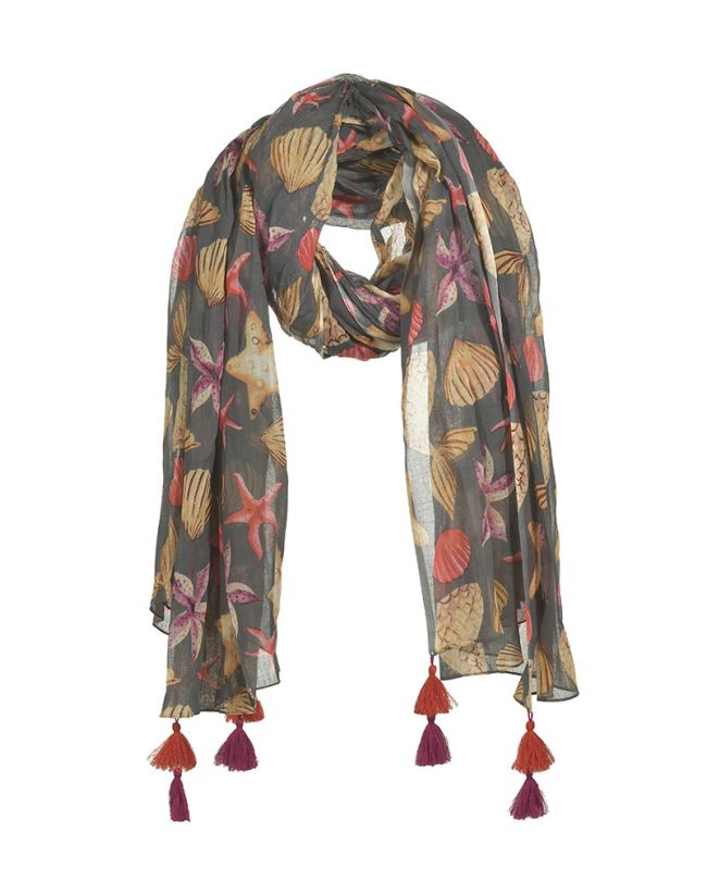 SCARF/PAREO IN GREY COLOR WITH SEASHELLS 180Χ100 (100%COTTON)