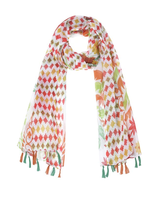 SCARF/PAREO MULTICOLOR WITH PARROTS AND TASSELS 180Χ100 (100%COTTON)