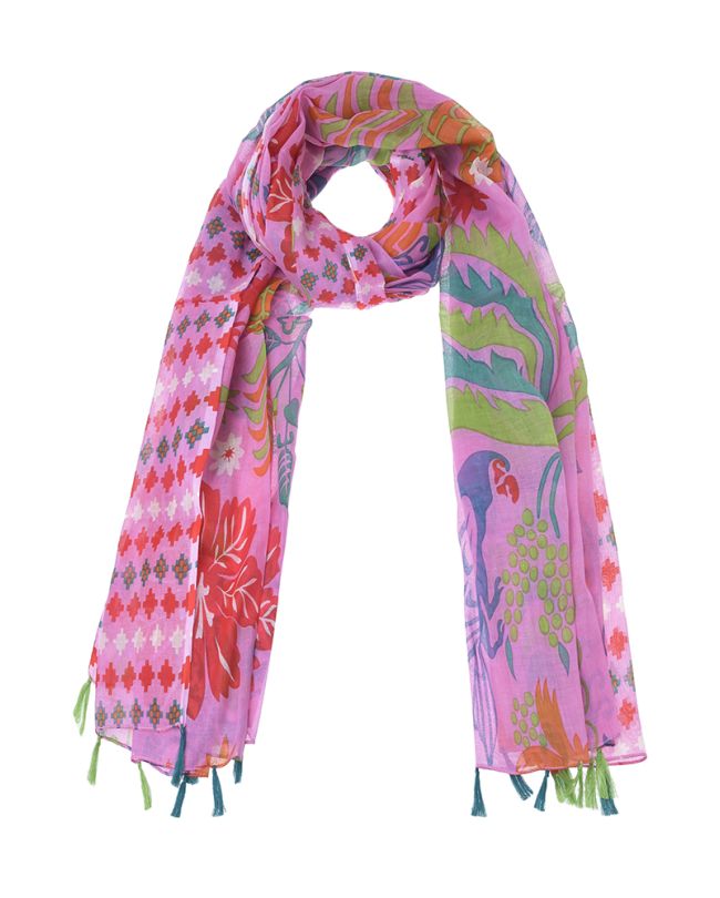 SCARF/PAREO IN PINK COLOR WITH PARROTS AND TASSELS 180Χ100 (100%COTTON)