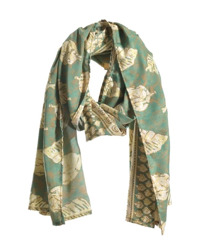 SCARF ΙΝ GREEN/BROWN COLOR WITH GOLD DESIGNS AND LEAVES 180X60 (100% CREPE)