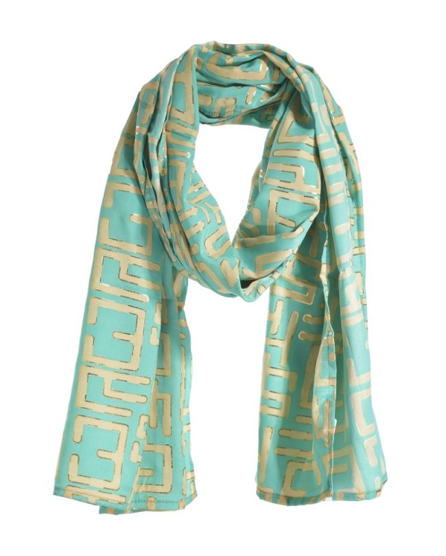 SCARF ΙΝ TURQUOISE COLOR WITH GOLD DETAILS 180X60 (100% CREPE)