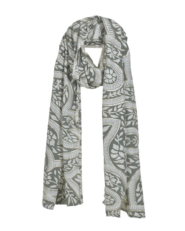 PRINTED SCARF IN GREEN/WHITE COLOR WITH GOLD DETAILS 180X60 (100% CREPE)