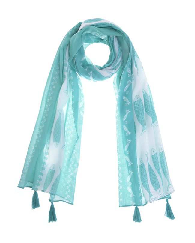 SCARF/PAREO TURQUOISE/WHITE WITH PATTERNS 180X110 (100% COTTON)