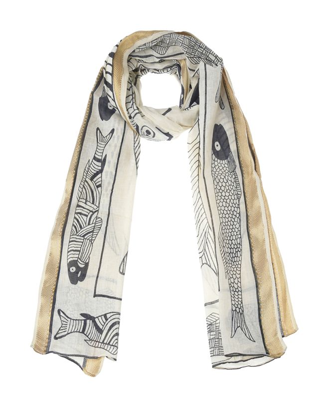 SCARF/PAREO IN ECRU COLOR WITH BLACK FISHES AND GOLD BORDER 100X180 (100%COTTON)