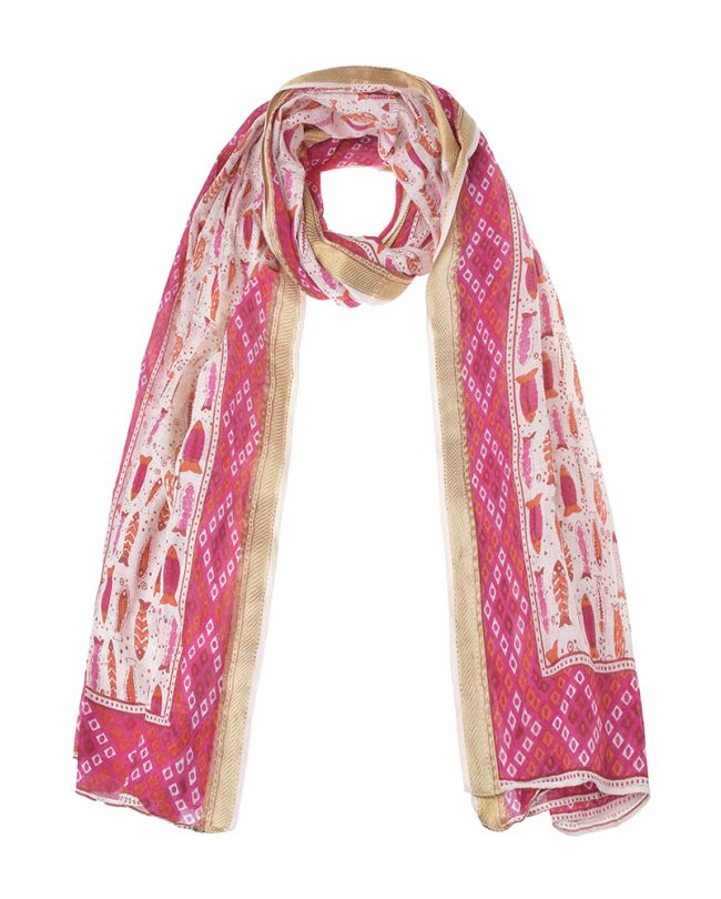SCARF/PAREO IN ECRU COLOR WITH RED/FUCHSIA FISHES 100X180 (100% COTTON)