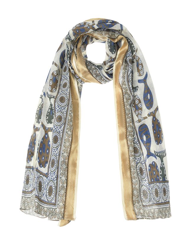 ΦΟΥΛΑΡΙ/ΠΑΡΕΟ ΕΚΡΟΥ ΜΕ ΜΠΛΕ/ΚΑΦΕ/ΠΡΑΣΙΝΟ ΨΑΡΙΑ ΚΑΙ ΧΡΥΣΗ ΜΠΟΡΝΤΟΥΡΑ 100X180 (100%COTTON)