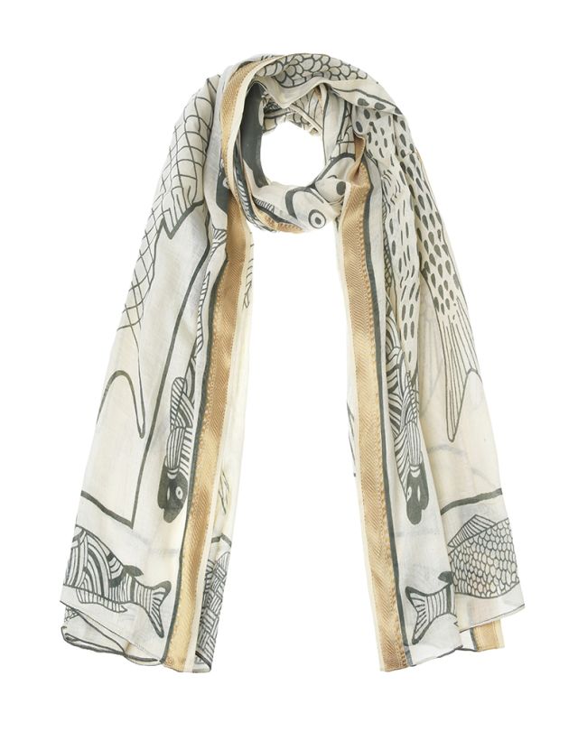 SCARF/PAREO IN ECRU COLOR WITH KHAKI FISHES AND GOLD BORDER 100X180 (100%COTTON)
