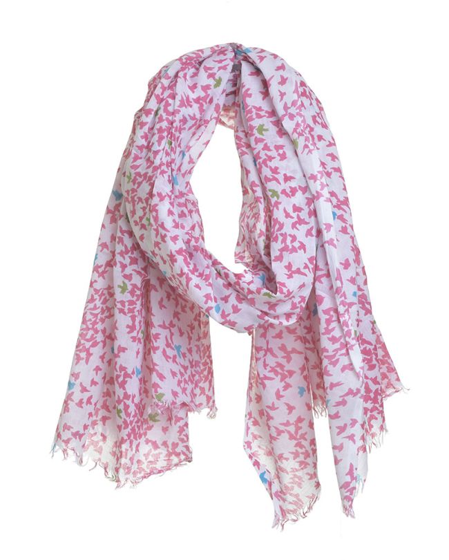 SCARF/PAREO IN WHITE COLOR WITH PINK BIRDS 100X180 (100% COTTON)