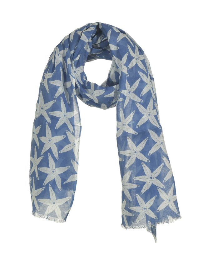 SCARF/PAREO IN BLUE COLOR WITH WHITE STARFISH 100Χ180 (100% COTTON)
