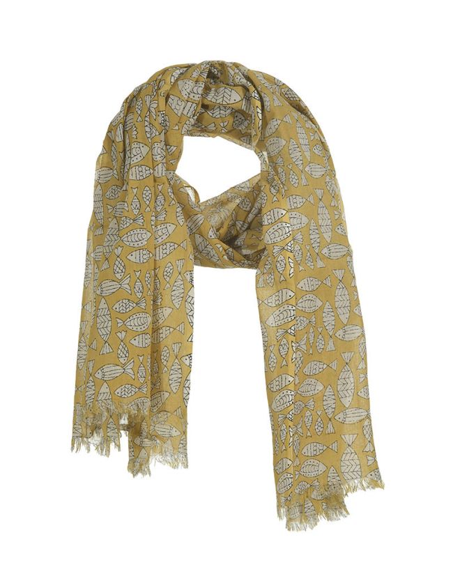SCARF/PAREO IN YELLOW COLOR WITH FISH 100Χ180 (100% COTTON)