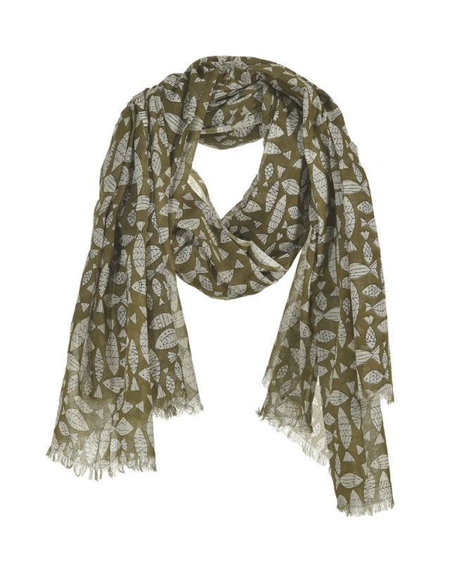 SCARF/PAREO IN CHAKI COLOR WITH FISH 100Χ180 (100% COTTON)
