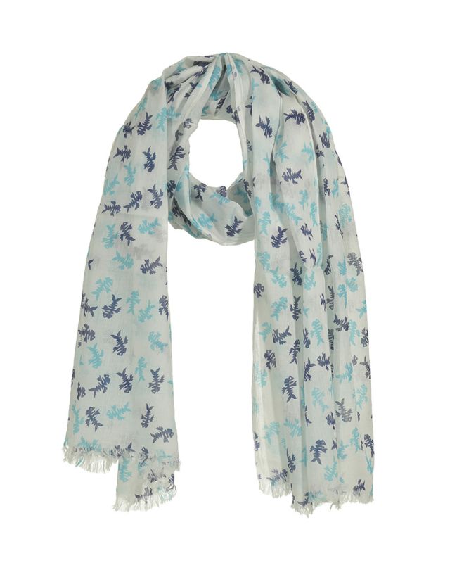 SCARF/PAREO IN WHITE COLOR WITH BLUE FISH 100Χ180 (100% COTTON)