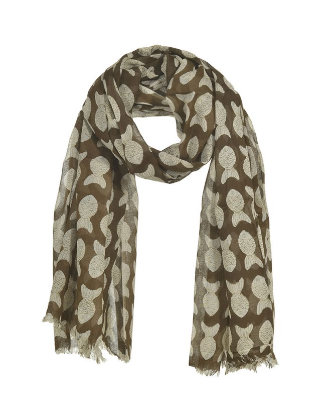SCARF/PAREO IN BROWN COLOR WITH FISH 100Χ180 (100% COTTON)
